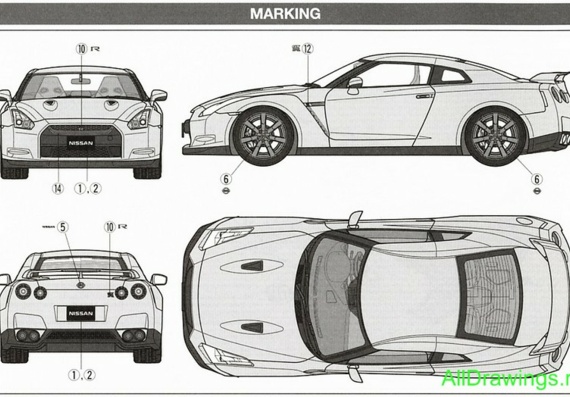 Nissan GT-R R35 (2007) (Ниссан ГТ-Р Р35 (2007)) - чертежи (рисунки) автомобиля